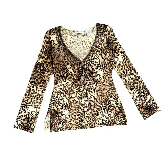 Dana Buchman Size M Brown Leopard Print Merino Wool Beaded Tunic Sweater Blouse - Picture 13 of 13